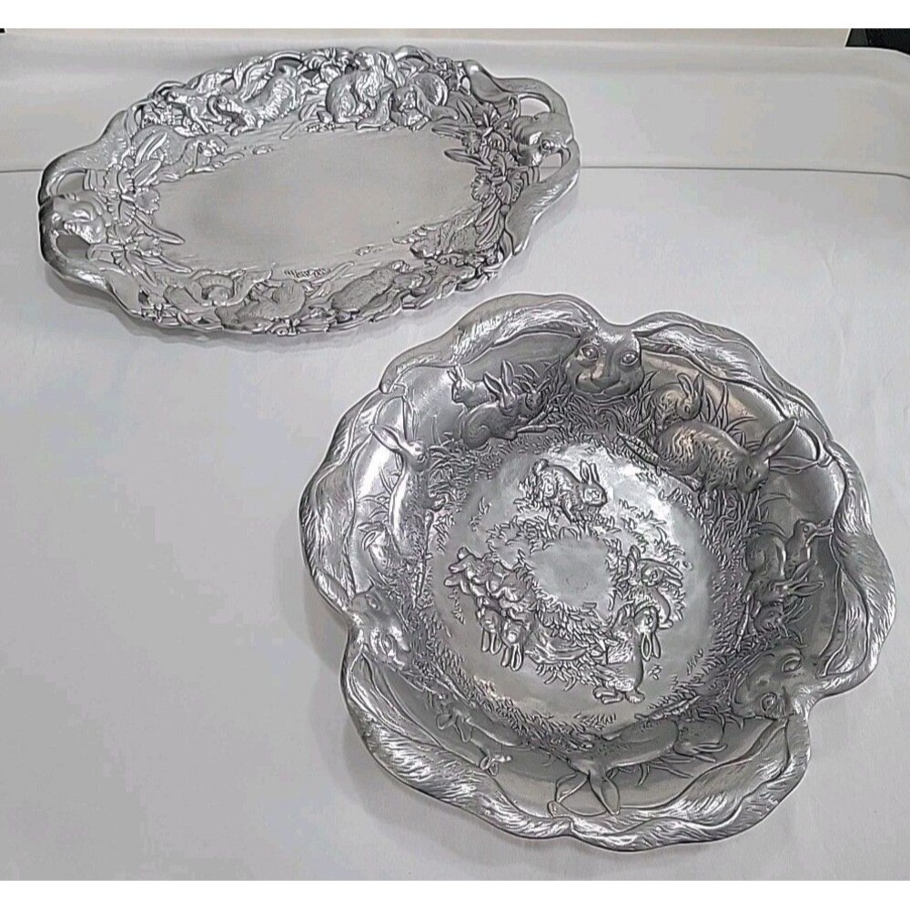 Vintage Arthur Court Bunnies Cast Aluminum Salad Bowl Tray Set 1993 1998